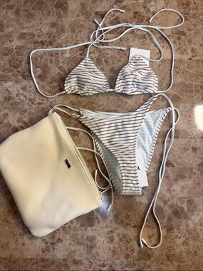 triangl swimwear White and Black Striped Triangle Bikini Set